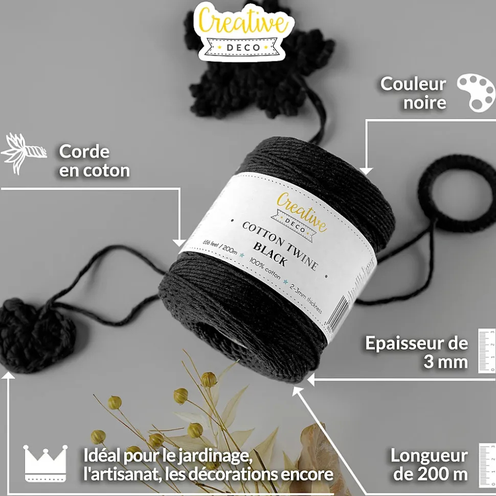 Creative Deco 3mm x 200m Corde Macramé Noir - Fil de Coton et Polyester - +/- 0.5 mm Épaisseur - Decoration Jardinage Emballage