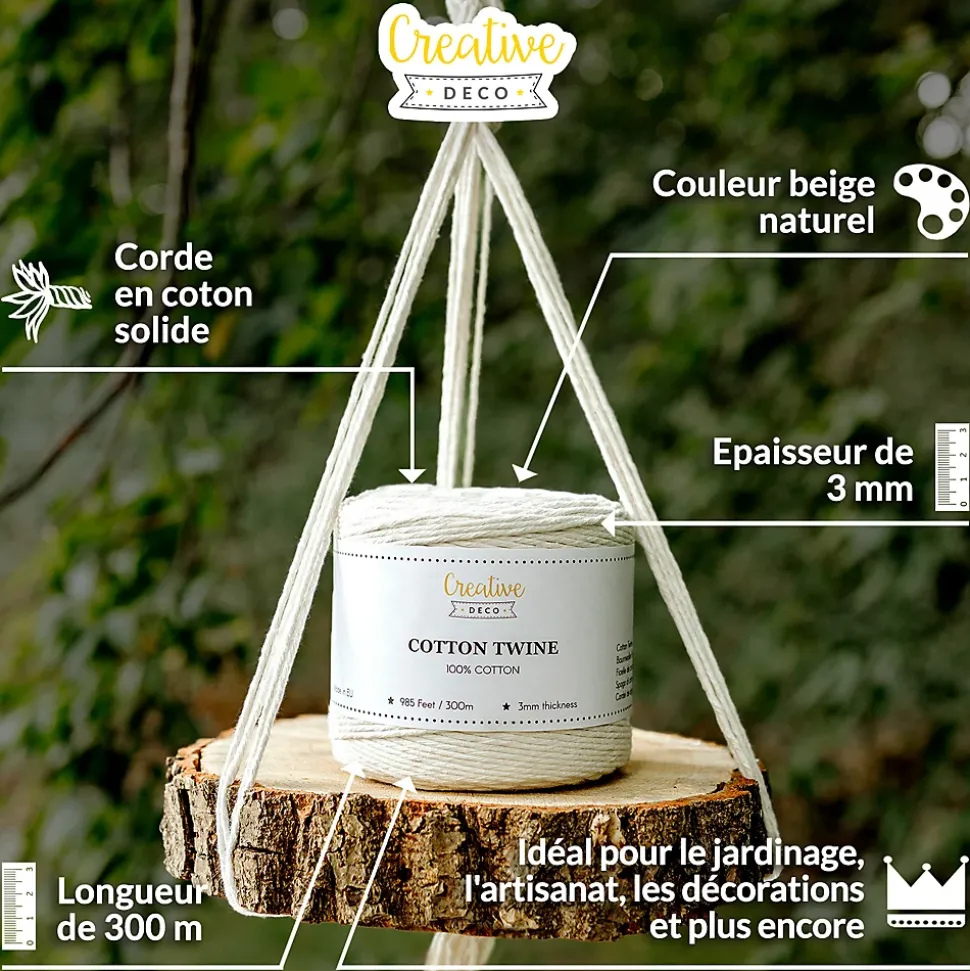 Creative Deco 3mm x 300m Corde Macramé Fil de Coton Beige - +/- 0,5 mm Épaisseur - Ficelle de 12 Plis - Cordelette Naturel