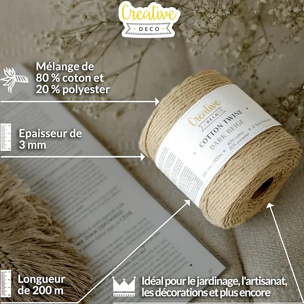 Creative Deco 3mm x 200m Corde Macramé Fil de Coton Beige Foncé - +/- 0,5 mm Épaisseur - Ficelle de 23 Plis - Cordelette Naturel