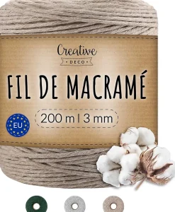 Creative Deco 3mm x 200m Corde Macramé Fil de Coton Beige Foncé - +/- 0,5 mm Épaisseur - Ficelle de 23 Plis - Cordelette Naturel