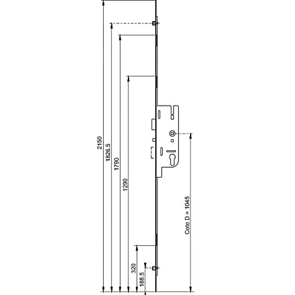 Crémone FERCOMATIC 50/70 2 galets têtière 18mm carré 7mm L 2150mm cote D 1045mm - FERCO - 6-33164-12-0-1