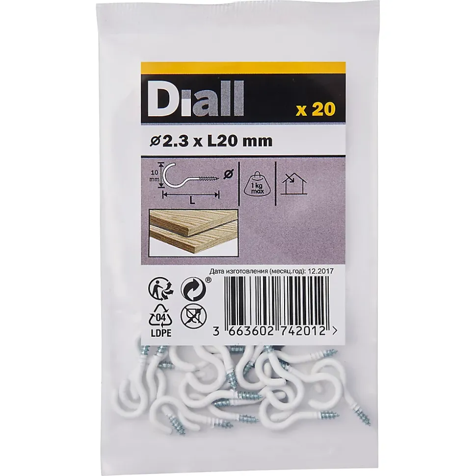 Crochet rond à visser en acier plastifié blanc 20x12 mm - 20 pièces