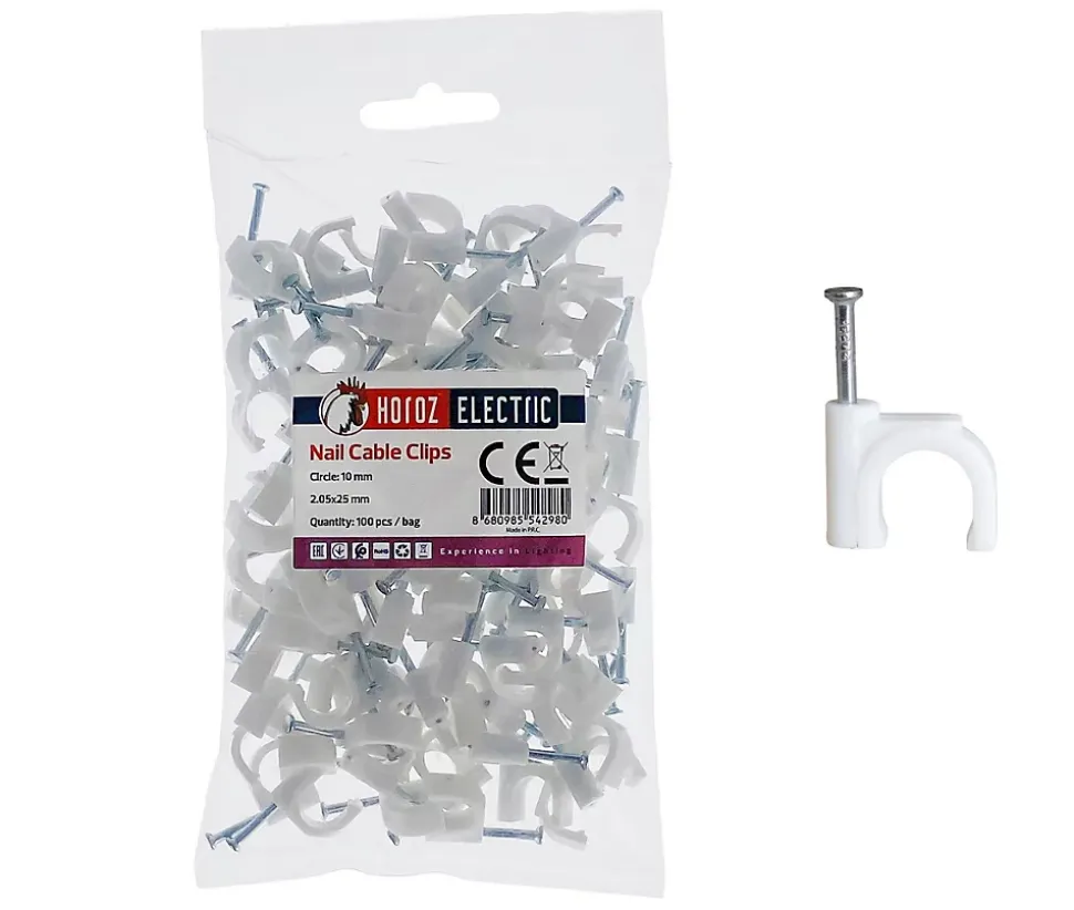 Crochets fixation / Clips de Câble ronds type FLOP fi 10 mm, blancs, boîte de 100 pcs
