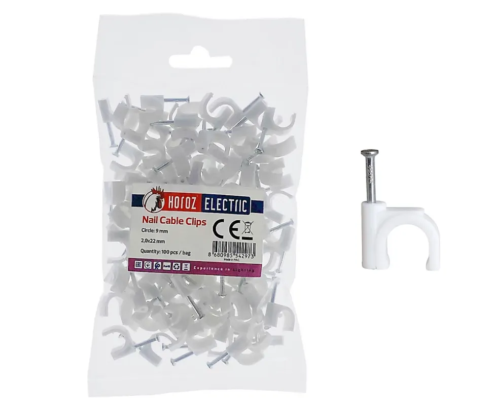 Crochets fixation / Clips de Câble ronds type FLOP fi 9 mm, blancs, boîte de 100 pcs