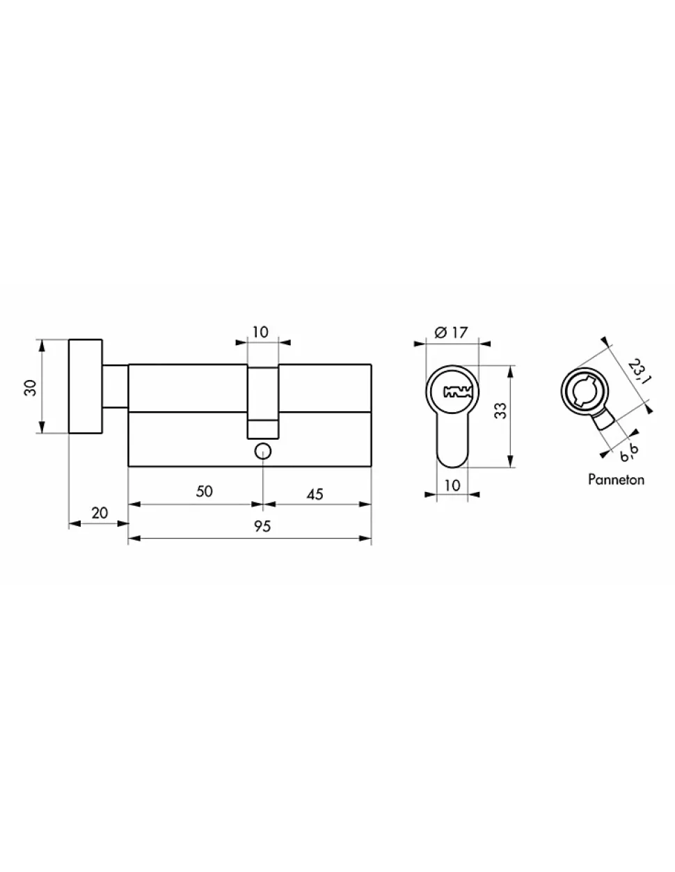 Cylindre de serrure à bouton 5G, 50Bx45mm, laiton, anti-arrachement, 5 clés - SP