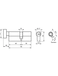 Cylindre de serrure à bouton 5G, 50Bx45mm, laiton, anti-arrachement, 5 clés - SP