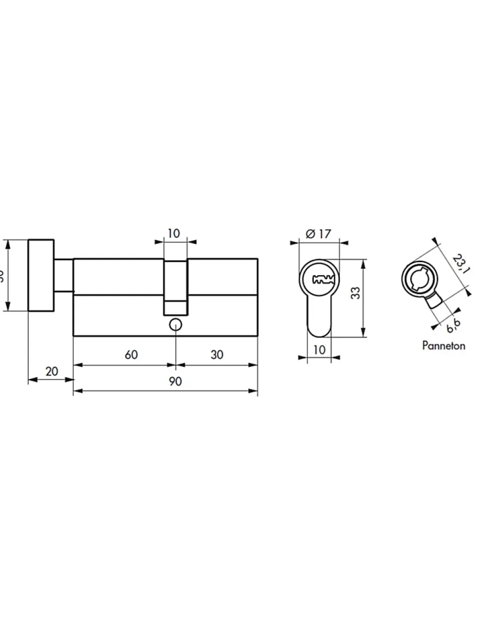 Cylindre de serrure à bouton 5G, 50Bx45mm, laiton, anti-arrachement, 5 clés - SP
