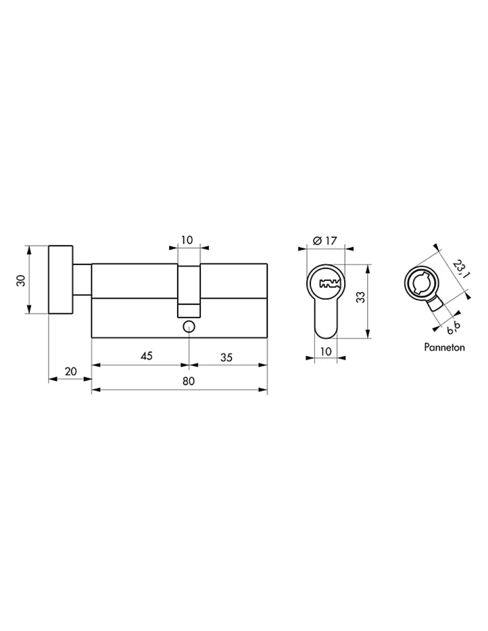 Cylindre de serrure à bouton 5G 45B x 35mm, laiton, anti-arrachement, 5 clés - SP