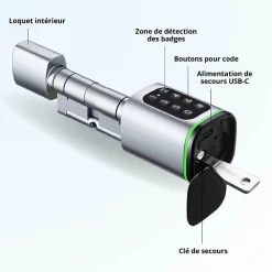Cylindre électronique de serrure connecté locky-10 code à code et badge rfid mifare