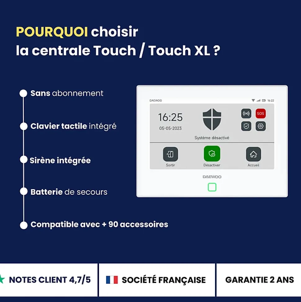 Daewoo - Alarme maison sans fil avec écran tactile 7'' AM353 - 1 caméra extérieure autonome et 1 intérieure et 17 accessoires - Sa