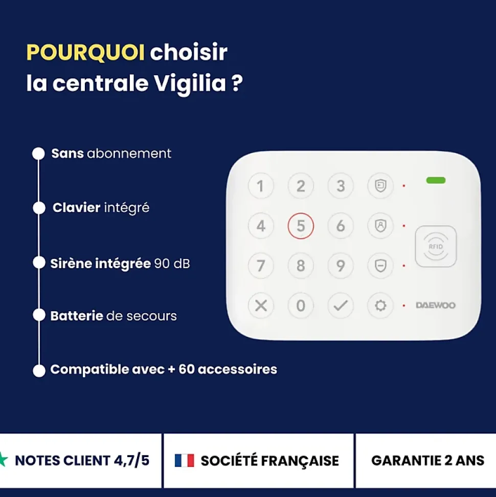 Daewoo - Alarme Maison Wifi Sans Fil Vigilia VIG503 - Kit Complet avec 2 Caméras Full HD intérieur / extérieur solaire et 11 Acces