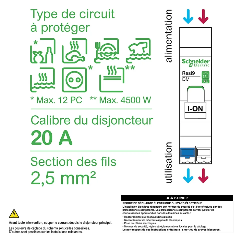 Disjoncteur embrochable courbe C phase + neutre 20A Schneider Electric Resi9 XE