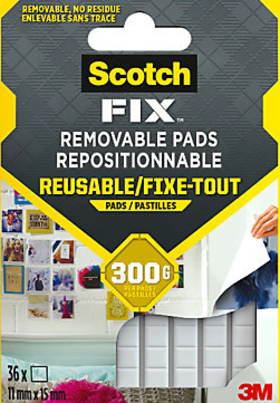 Double face repositionnable 3M 11 x 15 mm blanc, 36 carrés 300 g