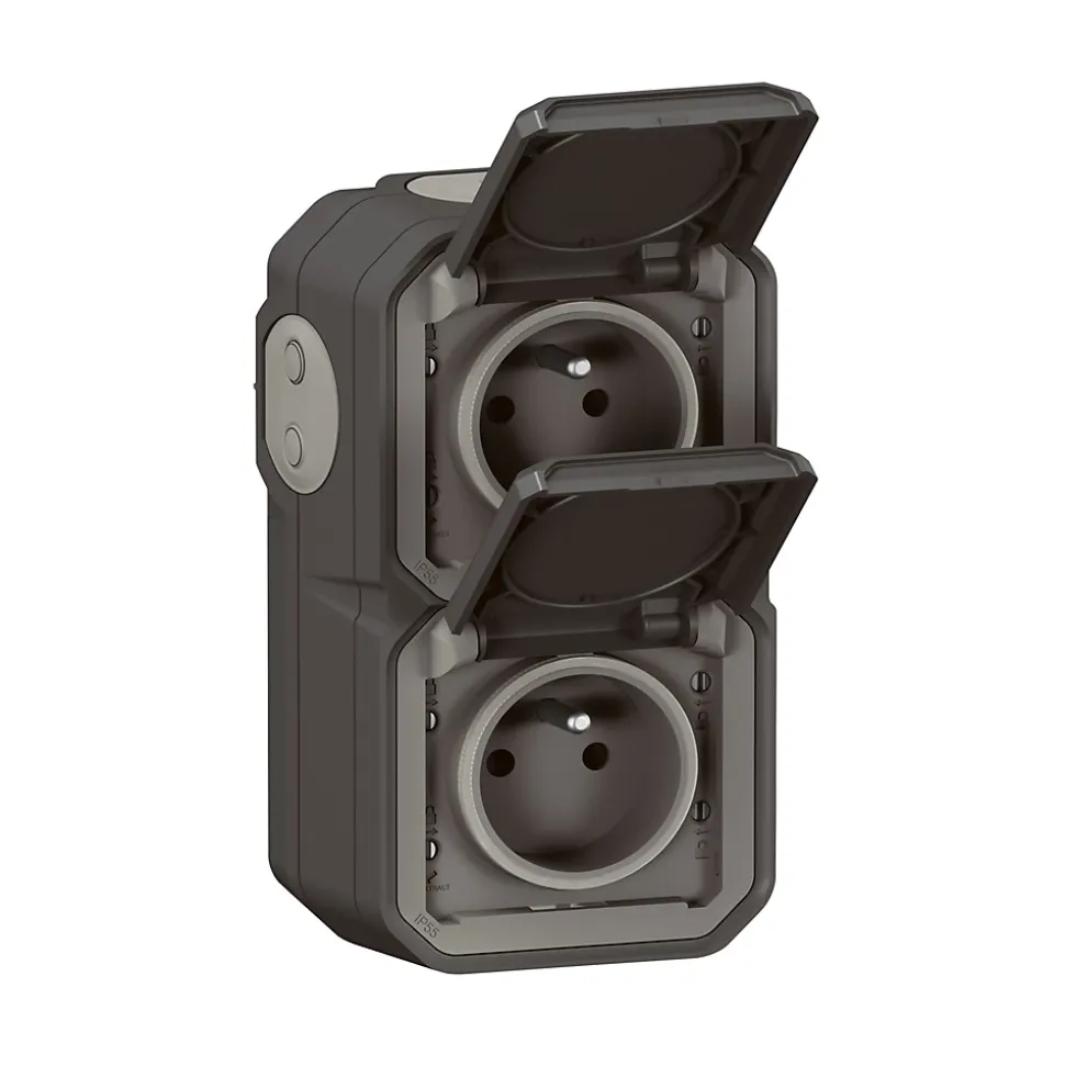 Double prises 2 pôles avec terre verticales Legrand Plexo anthracite en saillie