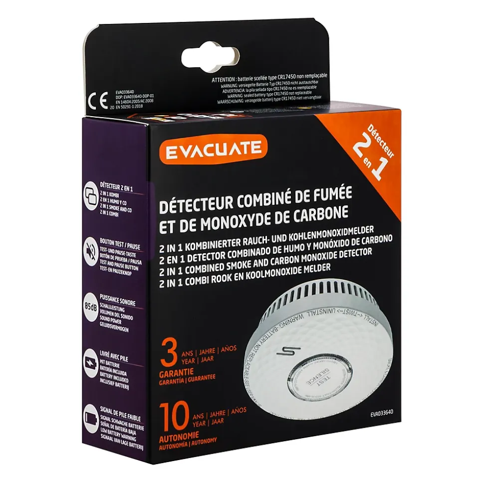 Détecteur combiné de fumée et de monoxyde de carbone Evacuate