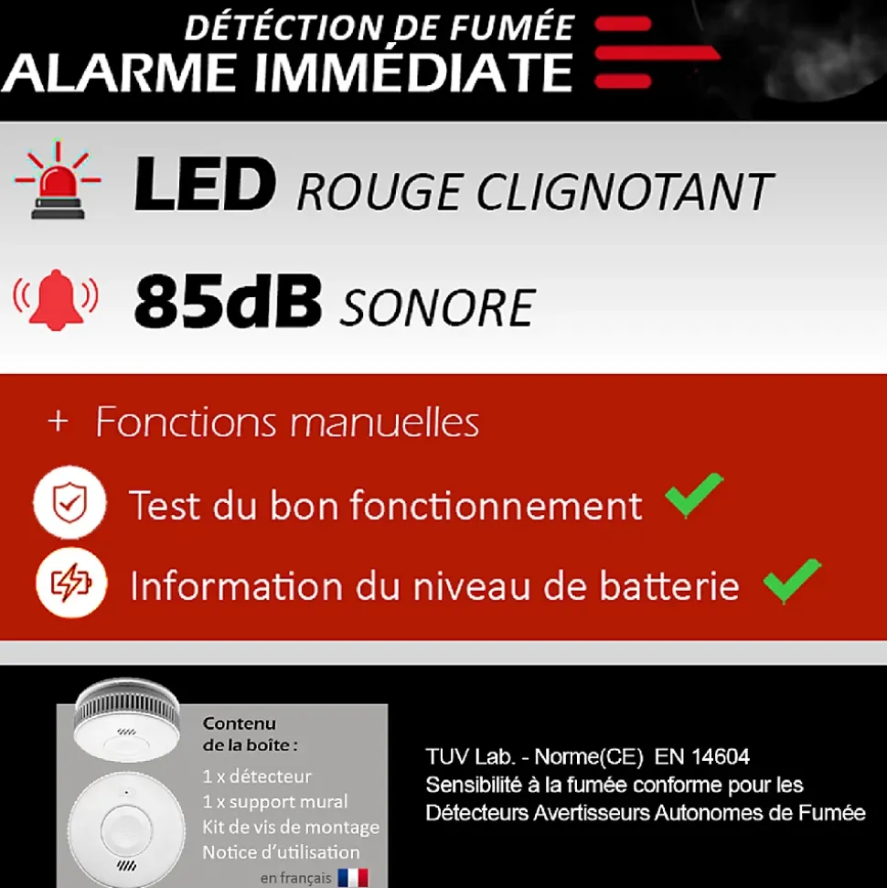 Détecteur de fumée CE EN14604 - Pile 3 ans remplaçable incluse + Kit de fixation magnétique