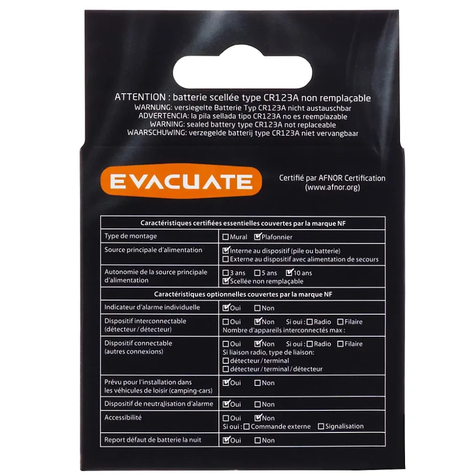 Détecteur de fumée Evacuate autonomie 10 ans 85 dB(A)