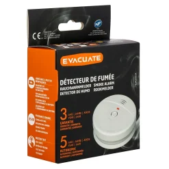 Détecteur de fumée optique Evacuate EVA033534 normes EN 14604 : 2005+ AC 2008 et NF DAAF fonctionne avec 1 pile 9V (6LR61)