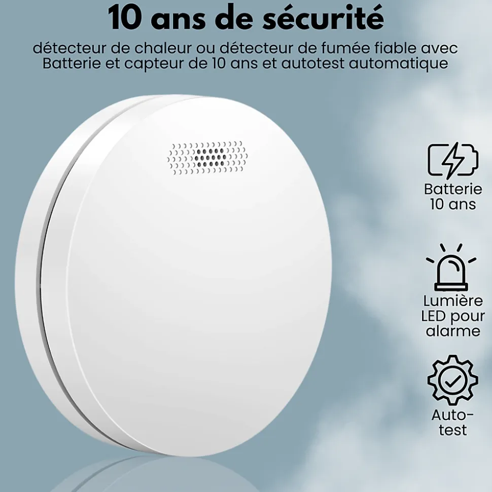 Détecteur de fumée/chaleur connectable Aroha Link - Batterie 10 ans - Capteur de fumée interconnecté - Alarme incendie - Pack de 2