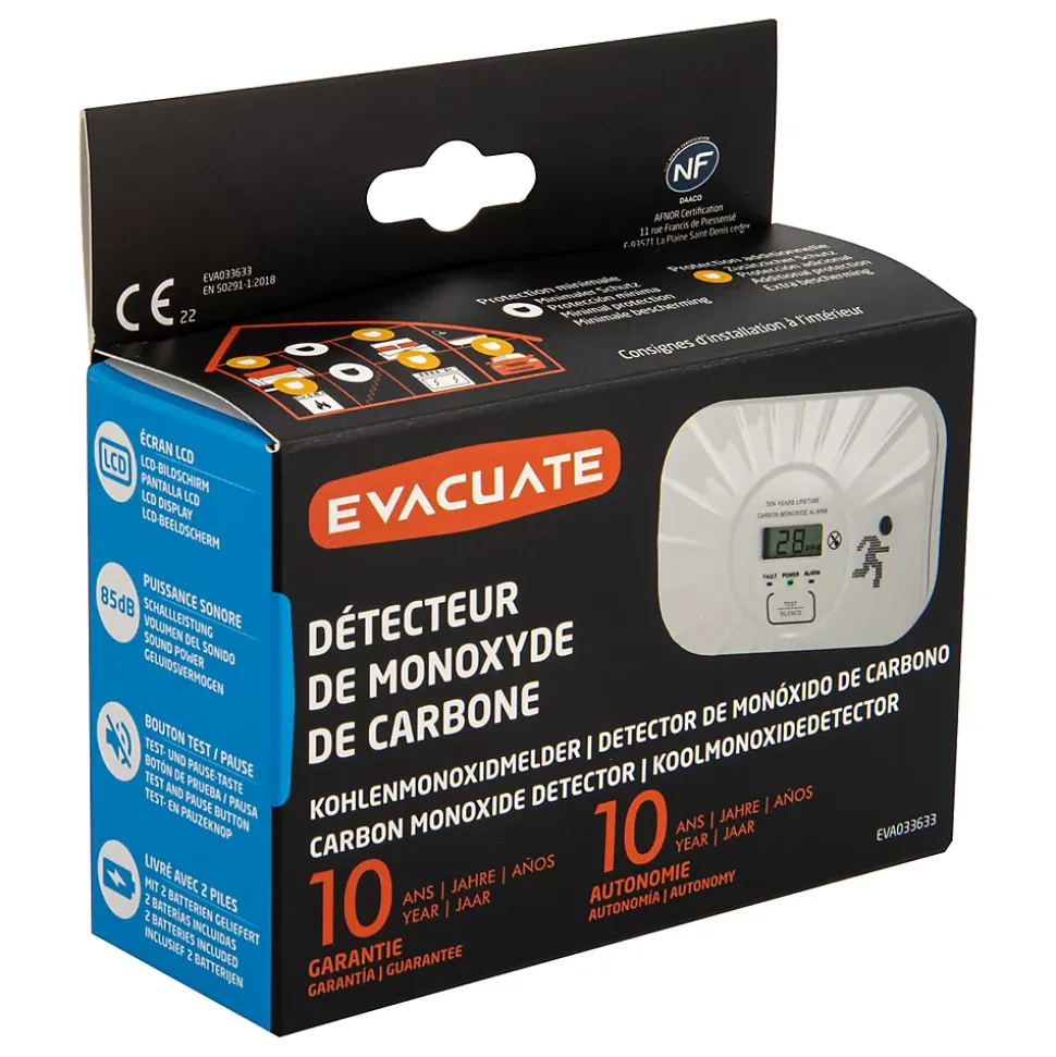 Détecteur de monoxyde de carbone Evacuate LCD 10 ans