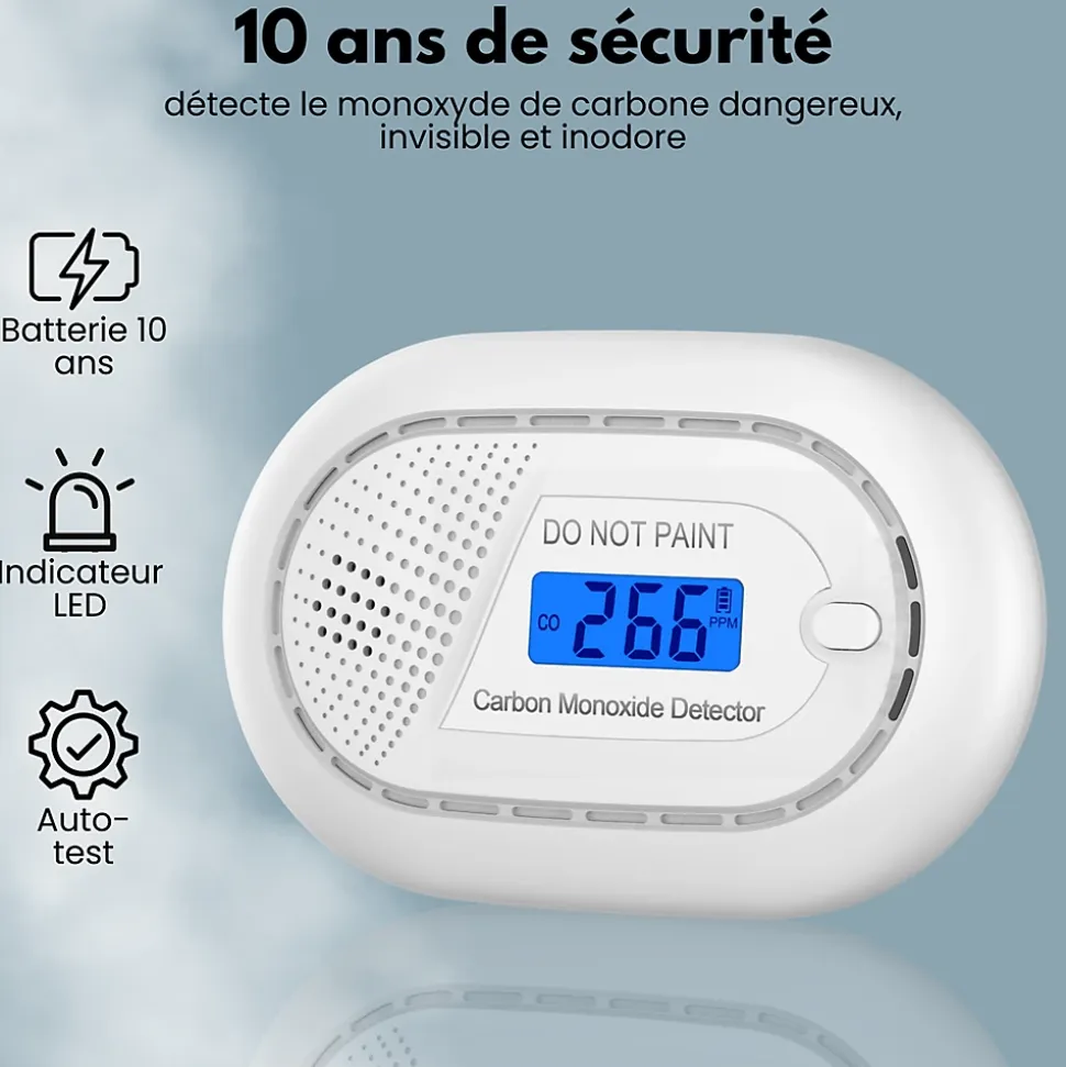 Détecteur de monoxyde de carbone Aroha Safety Pro - Batterie 10 ans - Alarme de CO portable, capteur de CO - 2 pièces