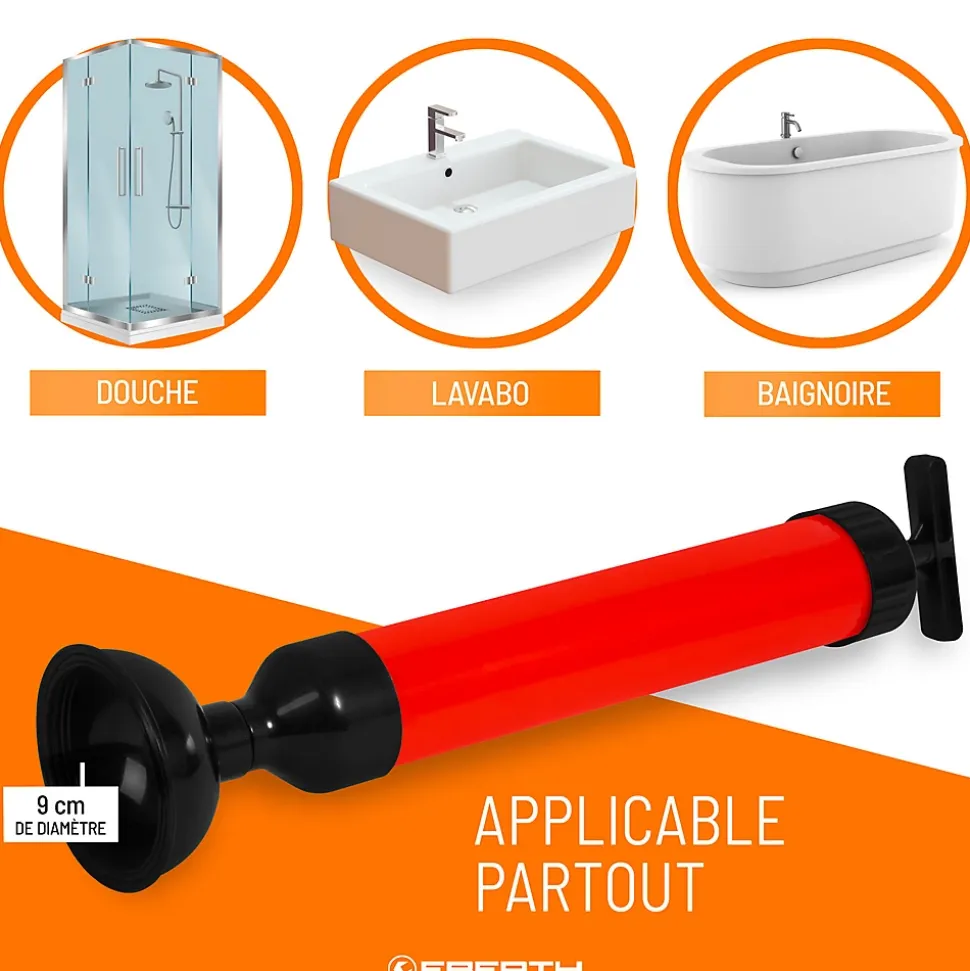 EBERTH Pompe de nettoyage de tuyaux pour un nettoyage efficace des lavabos, douches et baignoires, diamètre de l'embout 90 mm