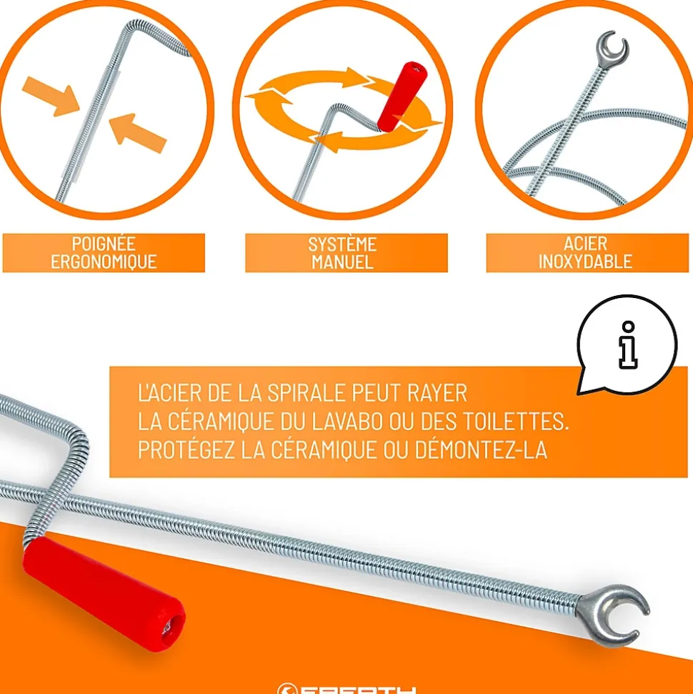 EBERTH Spirale de nettoyage de tuyaux 3m de long et 9mm de diamètre pour tuyaux à partir de 40mm tête en forme de griffe de 20mm