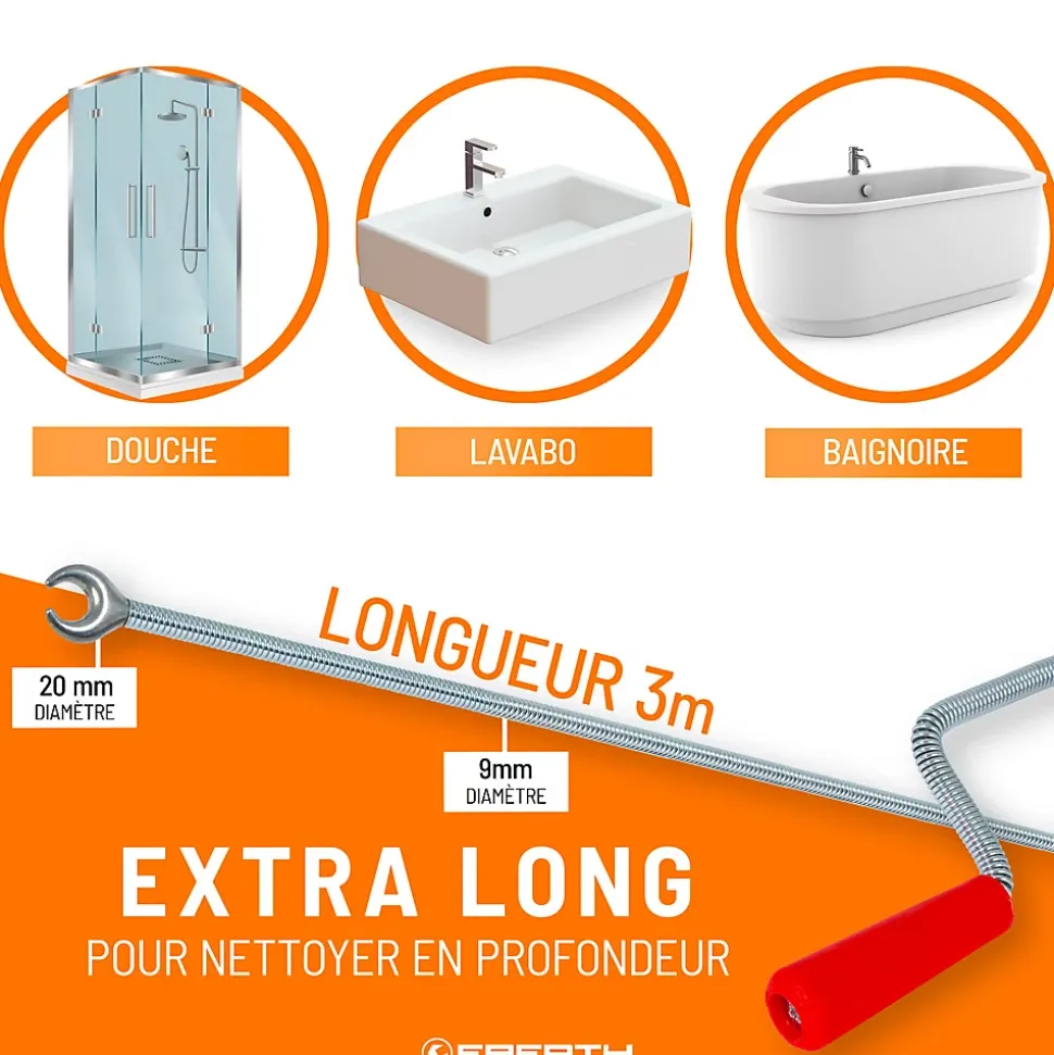EBERTH Spirale de nettoyage de tuyaux 3m de long et 9mm de diamètre pour tuyaux à partir de 40mm tête en forme de griffe de 20mm