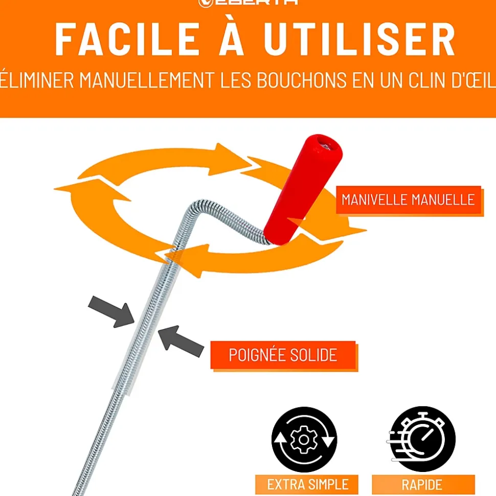 EBERTH Spirale de nettoyage de tuyaux 3m de long et 9mm de diamètre pour tuyaux à partir de 40mm tête en forme de griffe de 20mm