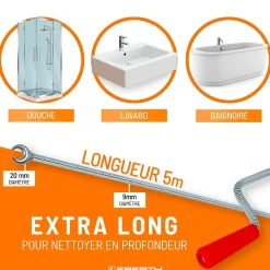 EBERTH Spirale de nettoyage de tuyaux 5m de long et 9mm de diamètre pour tuyaux à partir de 40mm tête en forme de griffe de 20mm
