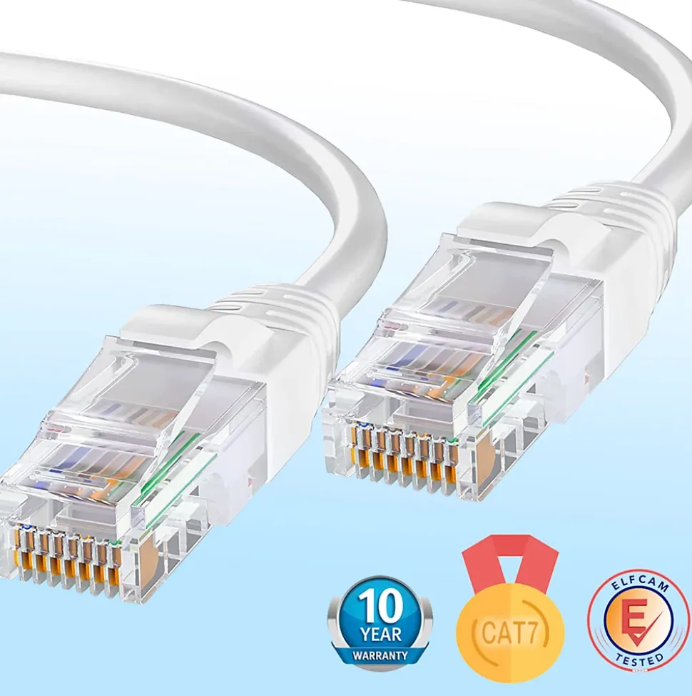 Elfcam - Câble Ethernet RJ45 Cat 7 SFTP 0.5m (Rond Blanc), 10Gbps, 600MHz, Cuivre, Anti-Interférences