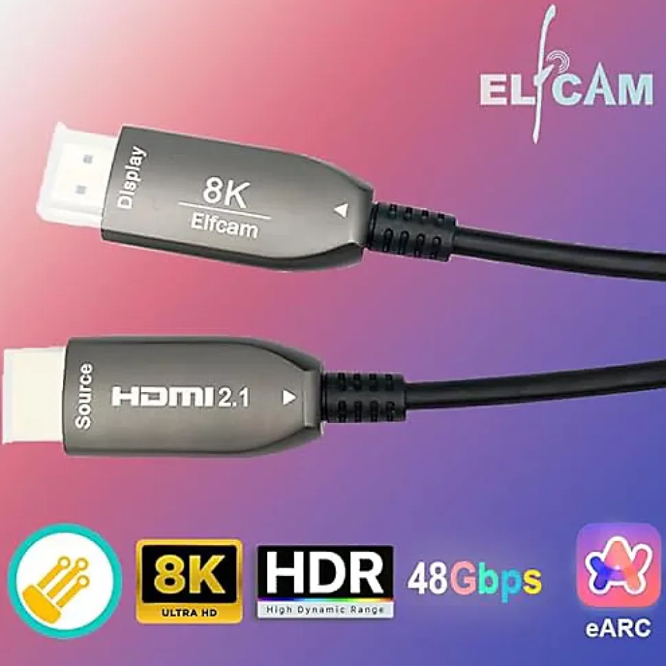 Elfcam - Câble HDMI 8K Fibre Optique 10m (Noir) - 48Gbps, HDMI 2.1, 8K 60Hz, 4K 120Hz, HDR10, eARC, PS5, Xbox, TV