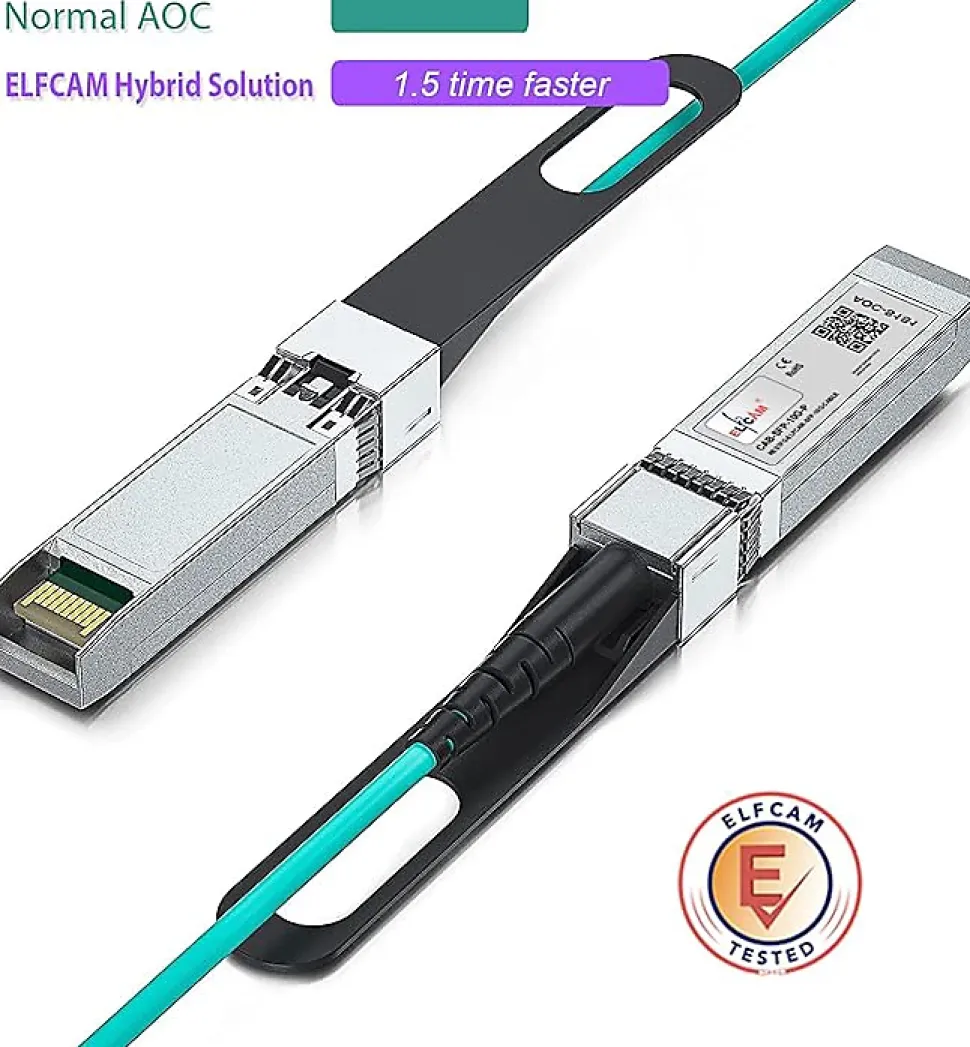 Elfcam - Câble Optique Actif SFP+ à SFP+ - 15m, AOC 10 Gbit/s OM3, Ultra Performant, Réseau Professionnels, PC