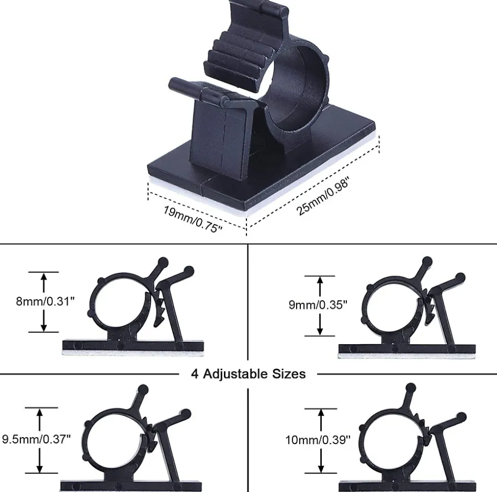 Elfcam - Clips Câble Adhésif Réglable pour Fibre Optique, Noir, Maison/Bureau, Attache Fil (Lot de 60)
