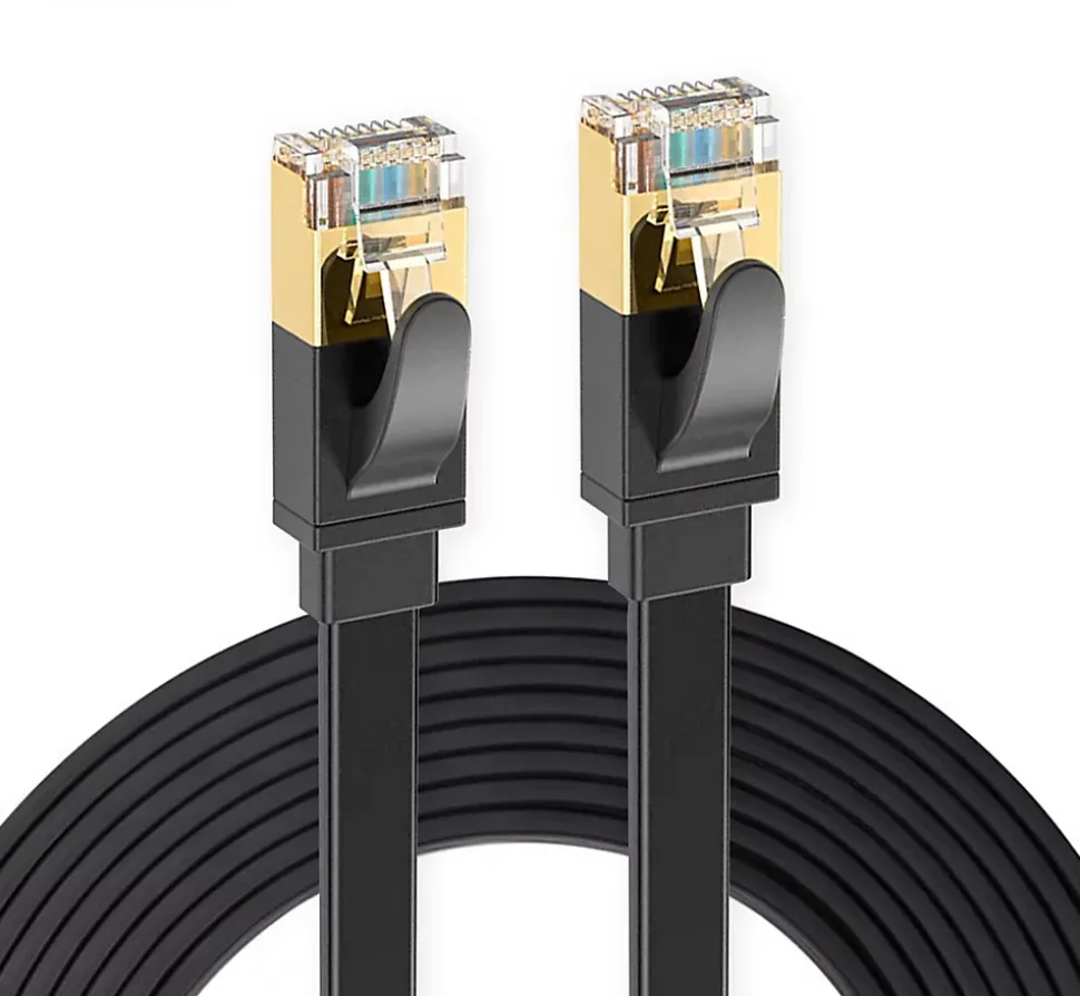 Elfcam - 10m Câble Ethernet RJ45 Cat7 Flat Noir, 10Gbps 600MHz, Cuivre, SFTP, Anti-Bruit, PC, Modem, Routeur