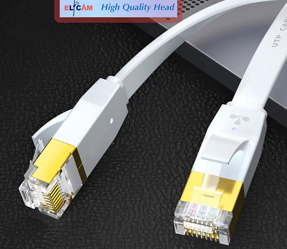 Elfcam - 5m Câble Ethernet RJ45 Cat7 Flat Blanc, 10Gbps 600MHz, Cuivre, SFTP, Anti-Bruit, PC, Modem, Routeur