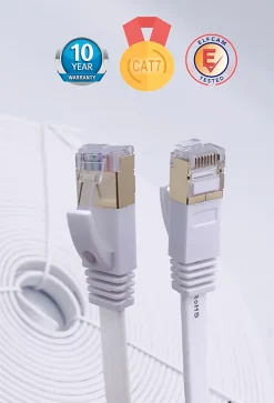 Elfcam - 5m Câble Ethernet RJ45 Cat7 Flat Blanc, 10Gbps 600MHz, Cuivre, SFTP, Anti-Bruit, PC, Modem, Routeur