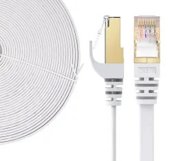 Elfcam - 10m Câble Ethernet RJ45 Cat7 Flat Blanc, 10Gbps 600MHz, Cuivre, SFTP, Anti-Bruit, PC, Modem, Routeur