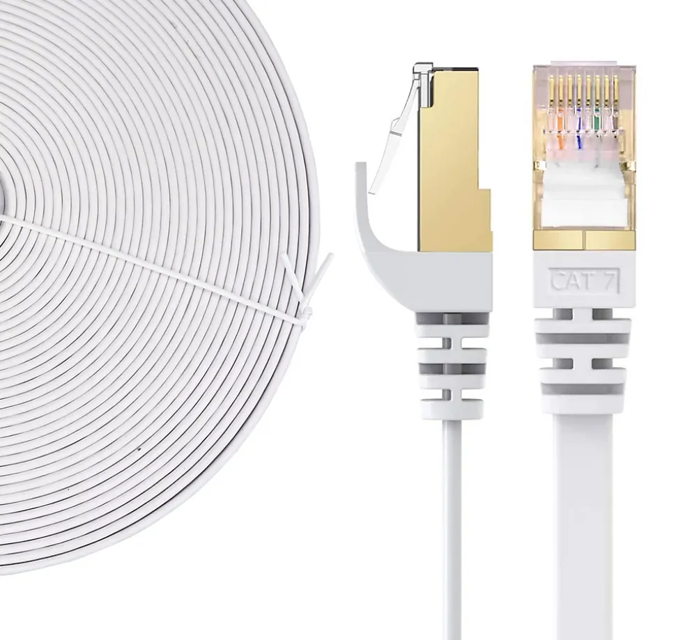 Elfcam - 10m Câble Ethernet RJ45 Cat7 Flat Blanc, 10Gbps 600MHz, Cuivre, SFTP, Anti-Bruit, PC, Modem, Routeur