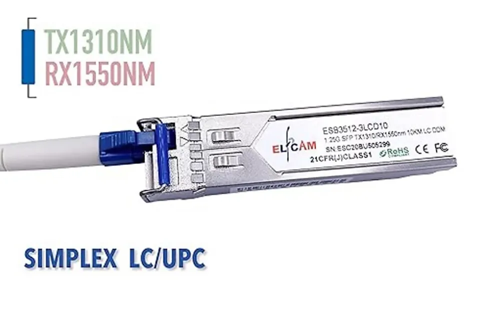 Elfcam - Module SFP BIDI 1,25 Gbps LC/UPC Monomode, DDM, 10 km, TX 1310/RX 1550, Compat. Cisco/Huawei/D-Link