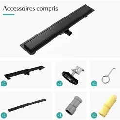 EMKE Caniveau de Douche 70 cm, Acier Inoxydable, Siphon de Sol 2 en 1 avec Filtre à Cheveux, Finition Noire