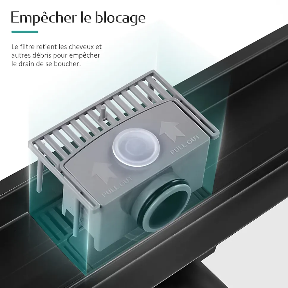 EMKE Caniveau de Douche 60 cm, Acier Inoxydable, Siphon de Sol 2 en 1 avec Filtre à Cheveux, Finition Noire