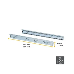 Emuca Lot de 5 coulisses pour tiroirs, roulement à billes, hauteur 45mm, profondeur 450mm, sortie totale, zingué