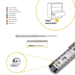 Emuca Lot de 5 coulisses pour tiroirs, roulement à billes, hauteur 45mm, profondeur 450mm, sortie totale, zingué