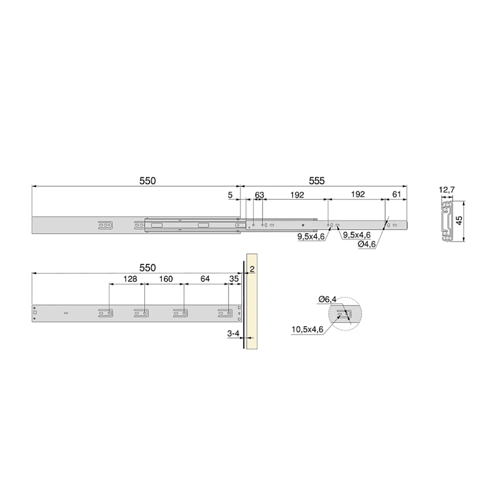 Emuca Lot de 5 jeux de coulisses pour tiroirs, roulement à billes, hauteur 45mm, profondeur 550mm, à sortie totale, avec push,