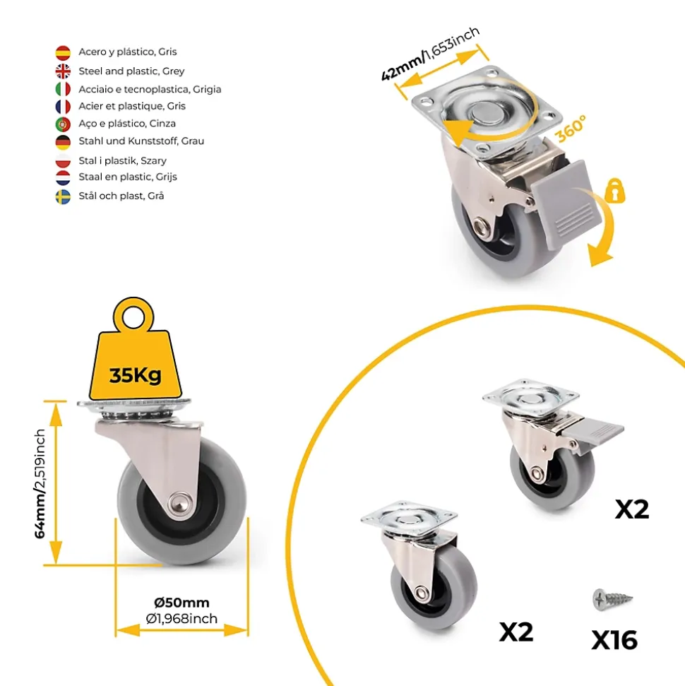 Emuca Lot de 4 roulettes Slip avec plétine de montage, diamètre 50mm, Acier et Plastique, Gris Plastique