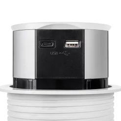 Emuca Multiconnecteur Vertikal Push diamètre 100mm, 3 prises de type Schuko, 1 USB type A, 1 USB type C, Acier et Plastique, Peint