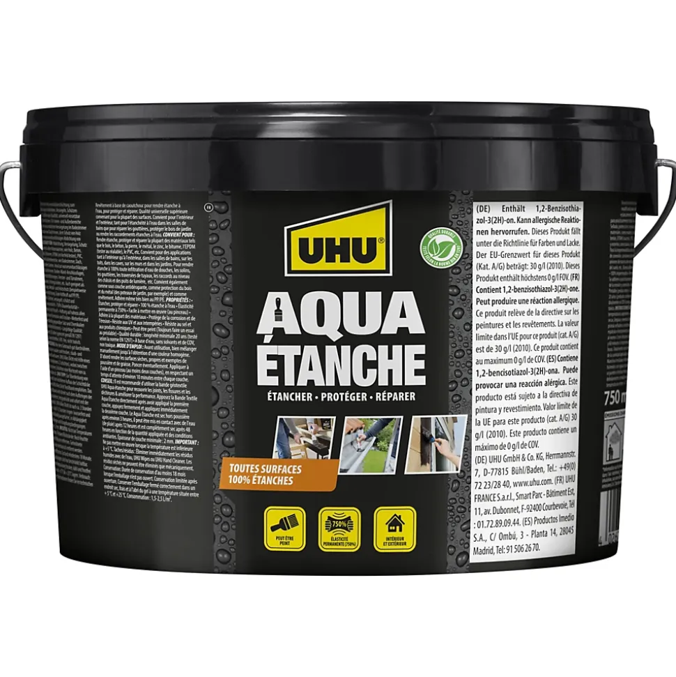 Enduit d'étanchéité noir UHU Aqua étanche, seau de 2,5L