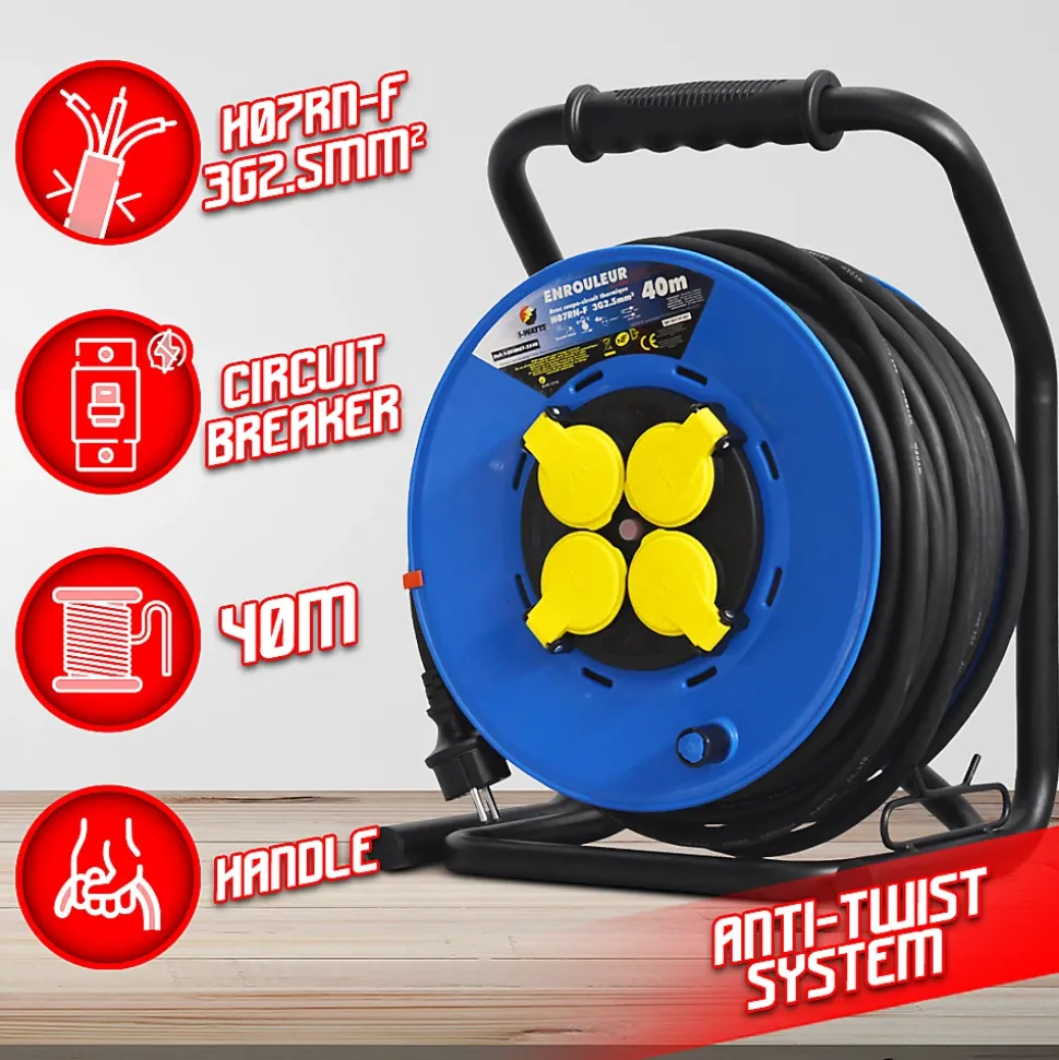 Enrouleur 4 prises-h07rn-3g2.5MM²-40M -I-watts Pro