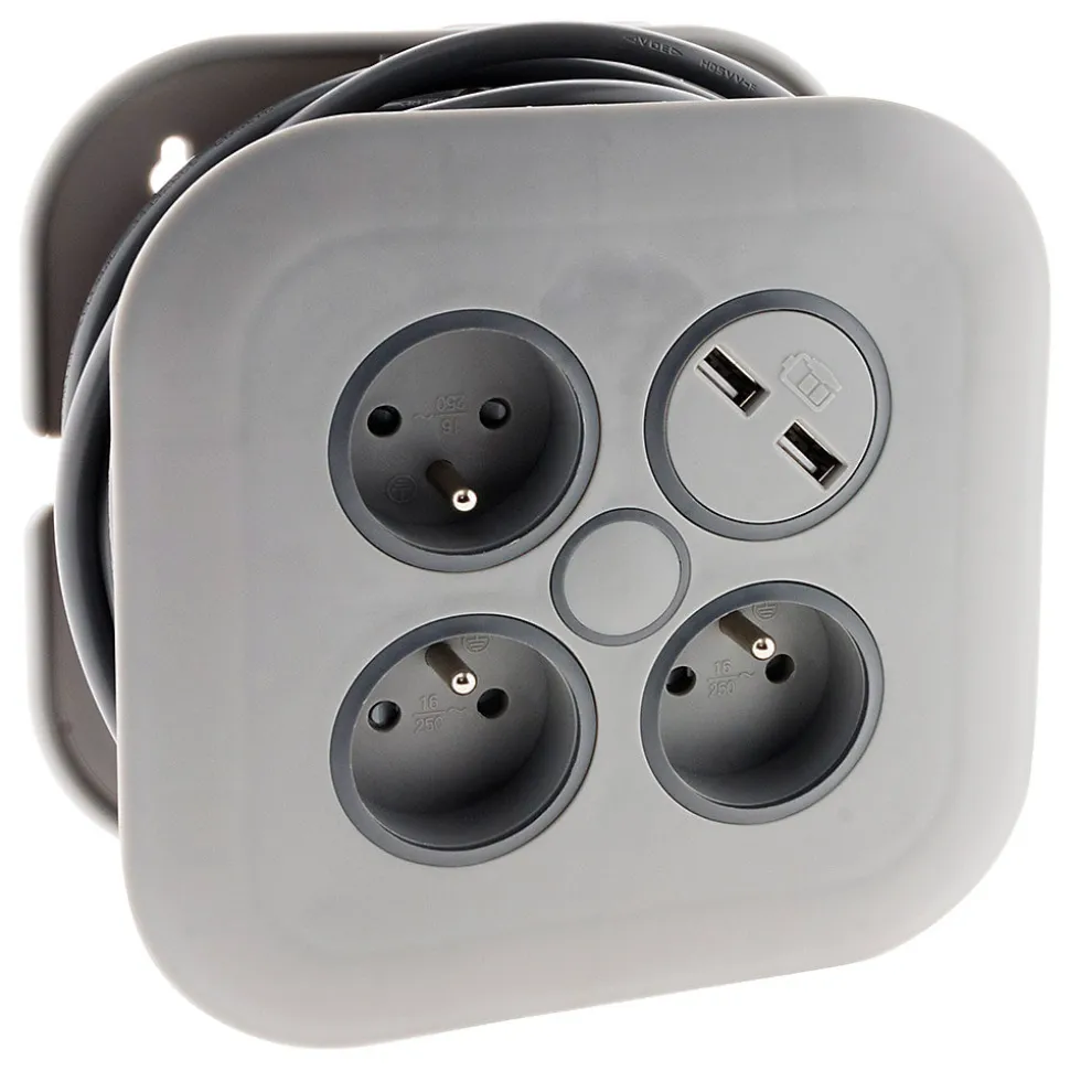 Enrouleur 3 x 2P+T + 2x USB - 7m - gris - Zenitech